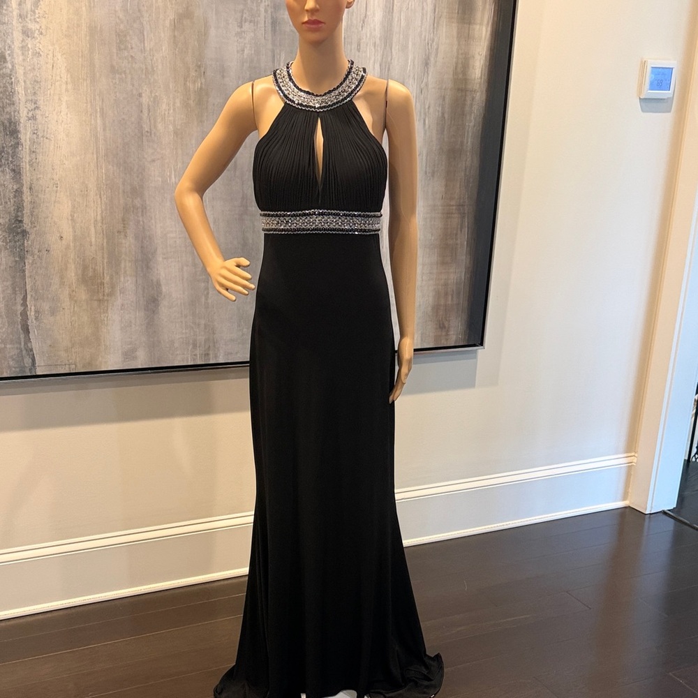 JS Boutique Elegant Black Gown with Silver Detailing